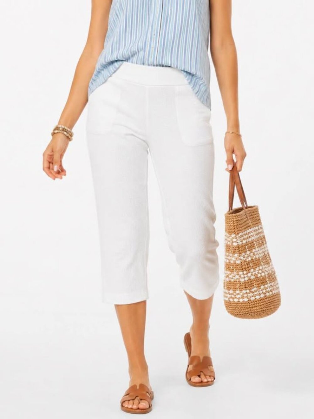 Chicos' Subtle Textured Pull On Flattering Classic White Cropped Pant [sz 2/12]
